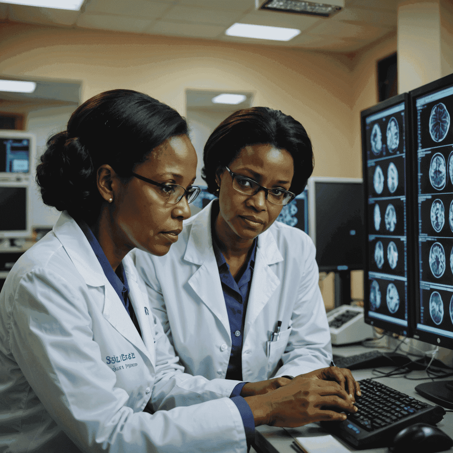 Scientists in a laboratory in Nairobi, Kenya, examining brain scans and discussing results of Alzheimer's research