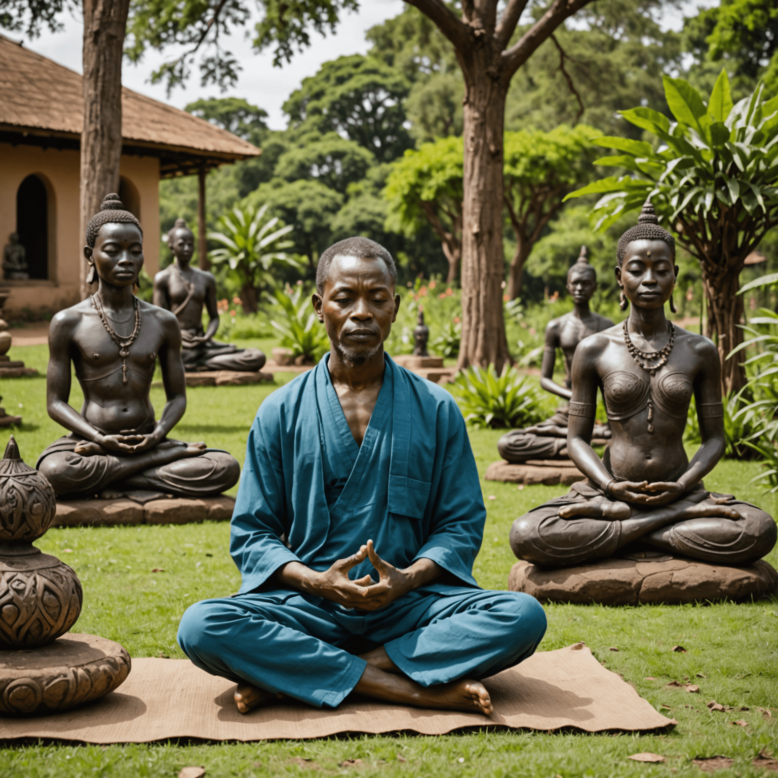 A group of diverse Kenyans practicing meditation in a peaceful garden setting, with traditional African sculptures in the background
