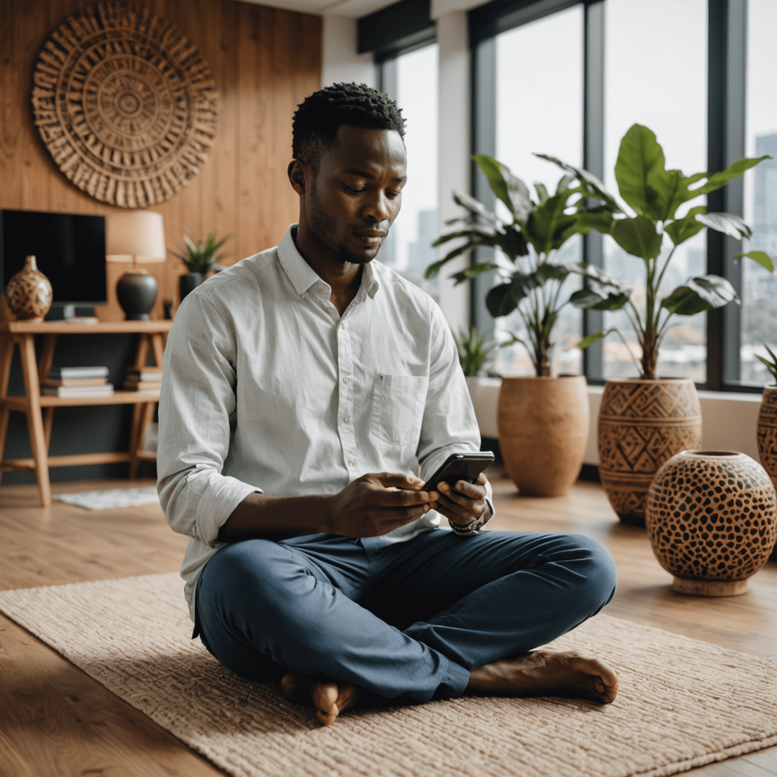 A Kenyan professional using a meditation app on a smartphone while sitting in a modern office space with African-inspired decor